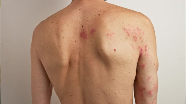 Patient showing skin rash symptoms caused by herpes zoster virus, also known as shingles, a reactivation of the chickenpox virus, varicella zoster virus, on white background
