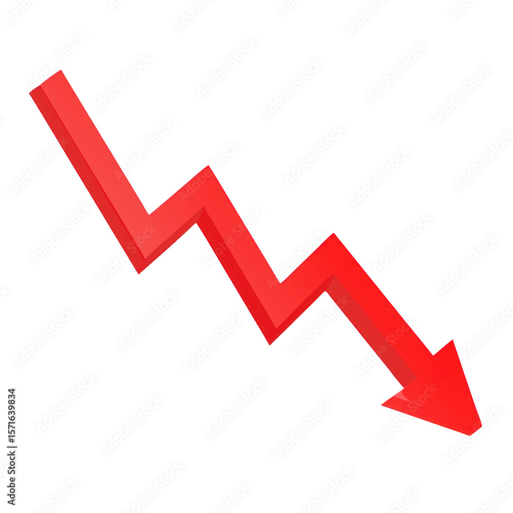 Poster red downward trending graph arrow isolated on transparent background