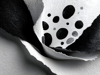Torn paper swirl, black dots, abstract background, design element