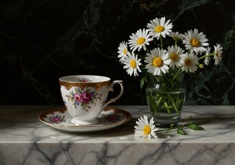 Floral teacup with daisies in a glass vase for tea time use