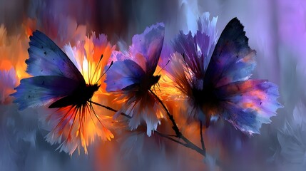 Two butterflies on flowers, vibrant sunset, digital art, nature design