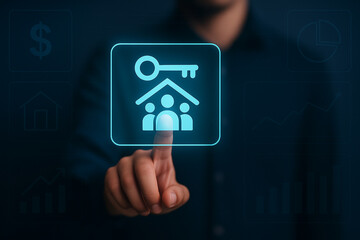 Man Touching Virtual Family Security Icon with Key Symbol in Futuristic Interface for Real Estate, Housing, and Digital Identity