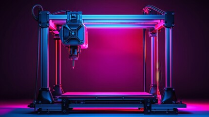 A modern 3D printer illuminated with neon light against a dark background. This image highlights the technological sophistication of additive manufacturing