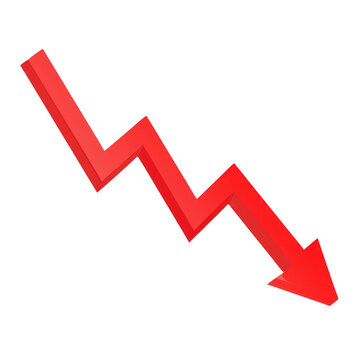 Red downward trending graph arrow isolated on transparent background