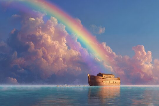 Noahs Ark floating on tranquil waters under a vibrant rainbow in a serene sky filled with colorful clouds