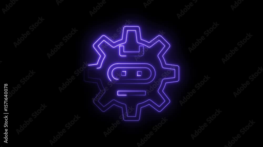 Poster glowing neon ai robot head inside gear outline on black background animation loop