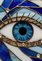 Stained glass eye with blue hues for decoration and art projects