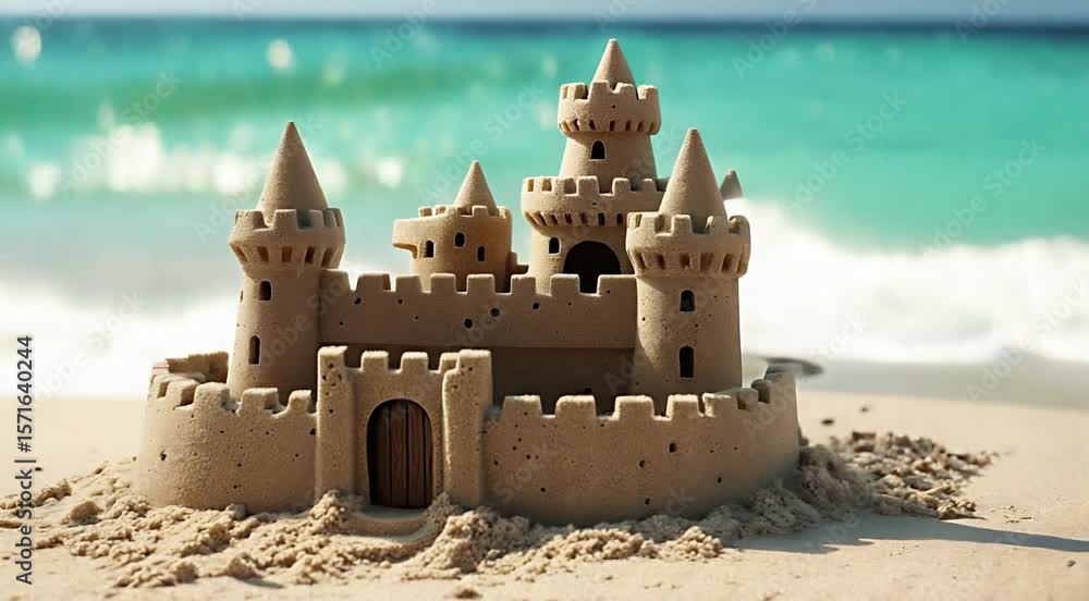 Poster sand castle built on the beach with turquoise ocean in the background generative ai