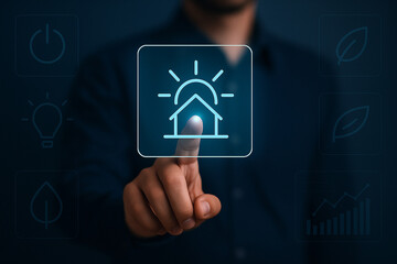 Businessman Touches Sunrise Over House Icon on Futuristic Touchscreen Interface with Smart Eco Energy and Sustainable Technology Graphics