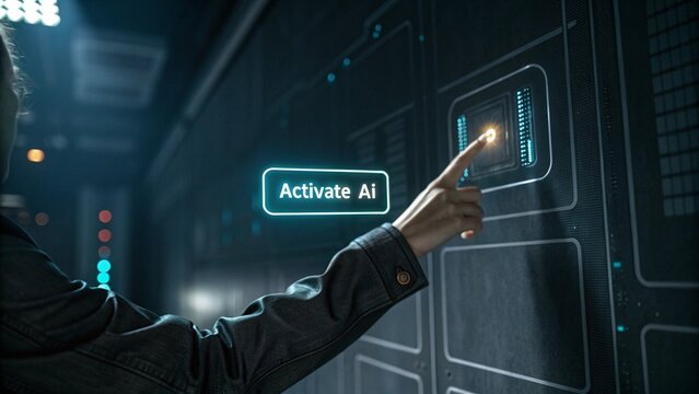 Activating artificial intelligence with a touch, showcasing data center technology and server control using modern interfaces.