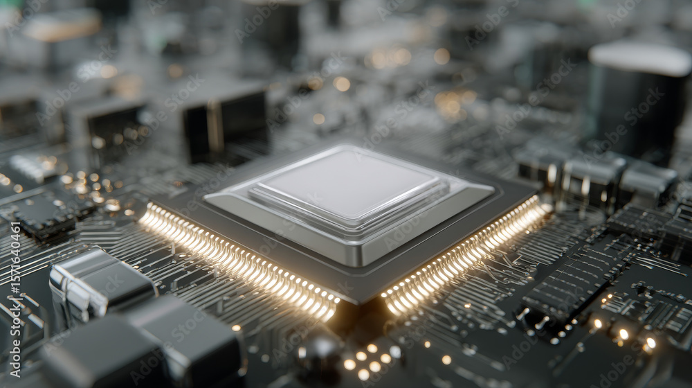 Poster processor with integration ai. ai letters on chip. cpu connected to motherboard . artificial intelli