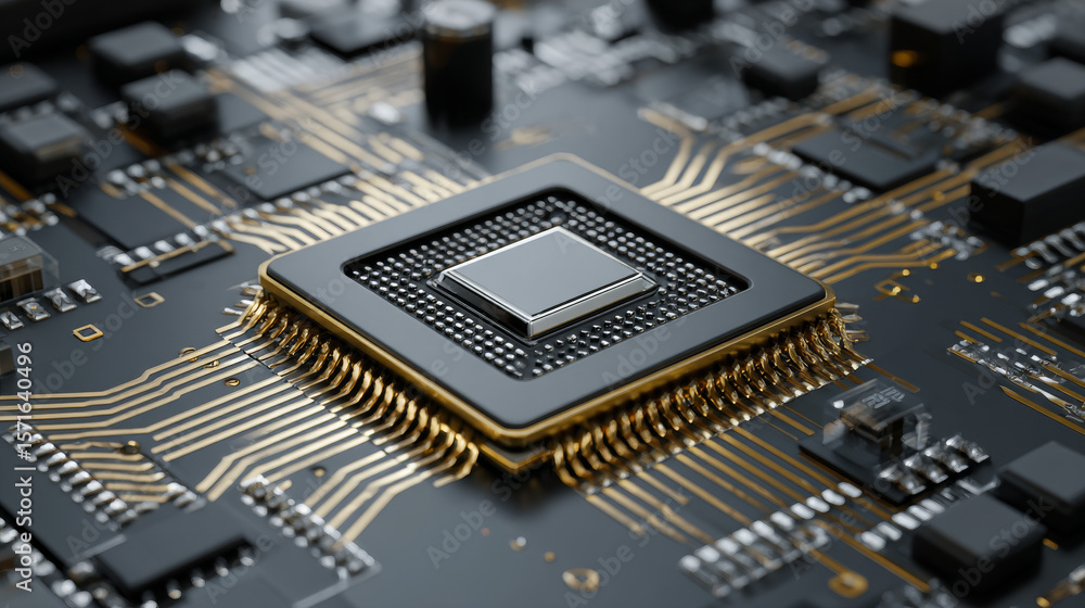 Poster processor with integration ai. ai letters on chip. cpu connected to motherboard . artificial intelli