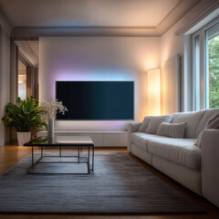 Modern living room with glowing purple and blue TV, white sofa, large window, indoor plants, and cozy lighting create calm, inviting atmosphere