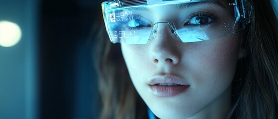 A woman wearing futuristic glasses with a focused expression. The futuristic glasses display data, suggesting advanced technology and a sense of the future