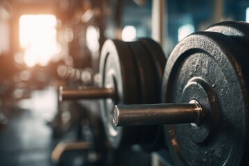 Fototapeta premium Barbells ready for lifting in an urban gym setting during the golden hour