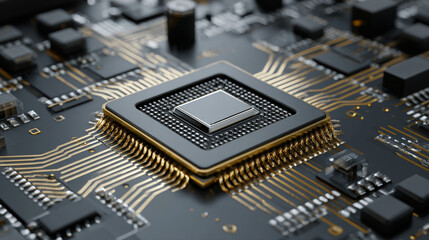 Processor with integration AI. AI Letters on chip. CPU connected to motherboard . Artificial intelligence technology in electronic chip on pcb board. Hardware tech conceptual background. 3d Vector.