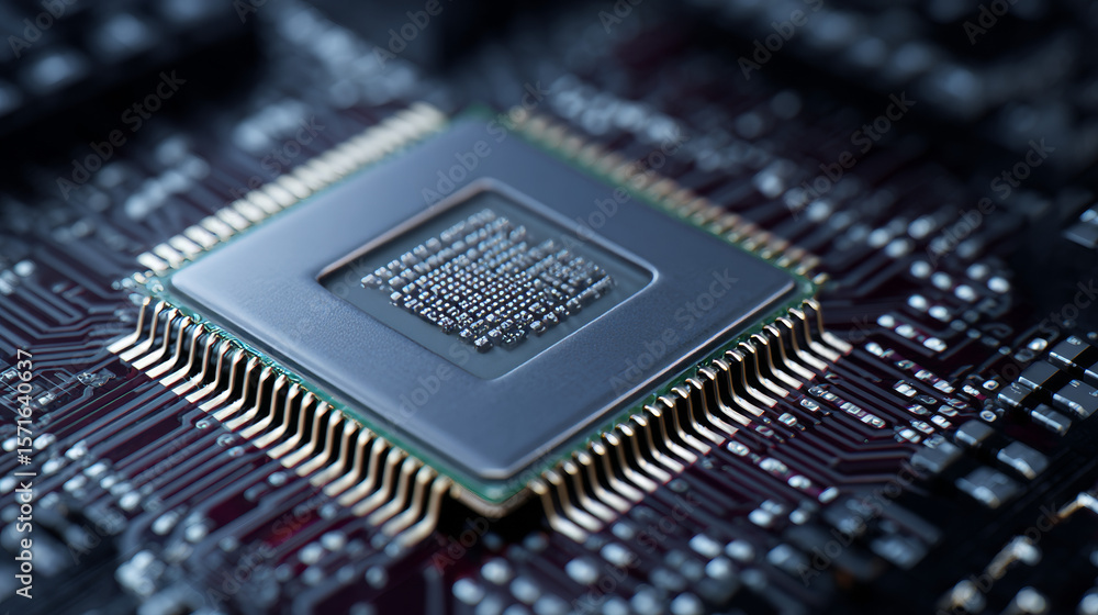 Poster processor with integration ai. ai letters on chip. cpu connected to motherboard . artificial intelli