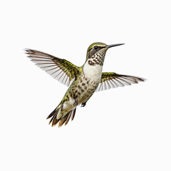 Fototapeta premium Hummingbird Flight on White: A vibrant hummingbird with iridescent feathers and outstretched wings hovers mid-air, capturing a moment of delicate beauty in its natural flight on a white.