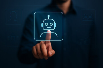Businessman Touching Virtual AI Robot Head Icon Interface with Finger on Futuristic Technology Screen for Artificial Intelligence Concept