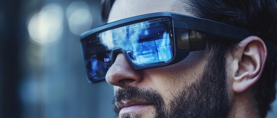 A close-up shot of a man wearing futuristic smart glasses, with a reflection of the urban landscape in their lenses. The glasses have a sleek design