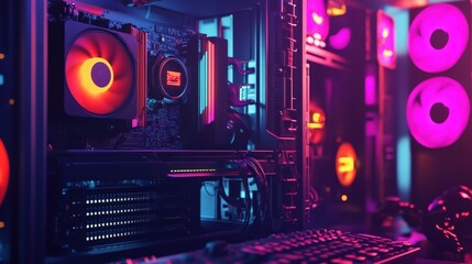 Obraz premium Close-up view of a computer case with vibrant lighting.