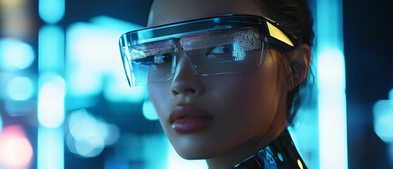 Futuristic Woman with Smart Glasses in a Cyberpunk Setting