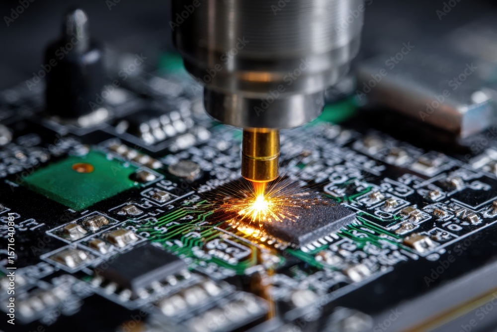 Poster close up view of a laser etching process applied to a circuit board in a manufacturing environment f