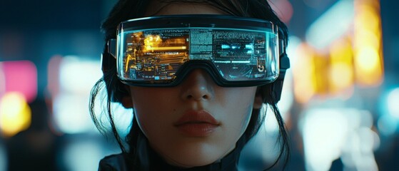 A futuristic portrait of a person wearing virtual reality glasses, surrounded by a city with bright lights. The person seems immersed in a digital world, expressing curiosity and anticipation.