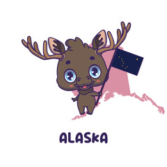 State animal Moose holding the flag of Alaska