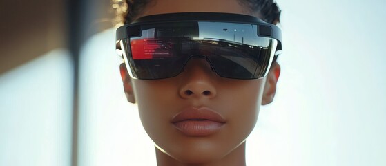 Stylish woman wearing augmented reality glasses. The futuristic eyewear has sleek black frames
