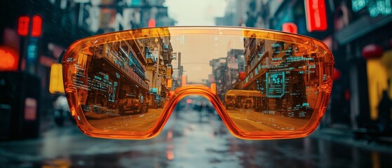 Cityscape reflection in futuristic glasses. The glasses have an orange-tinted lenses reflect the busy urban environment with vehicles and vibrant building and streets.