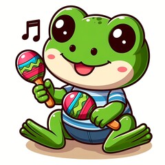 Cute frog playing maracas cartoon vector icon illustration