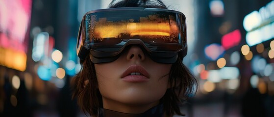 A person immersed in a virtual reality environment, wearing a VR headset and looking ahead. The headset's visor reflects an environment