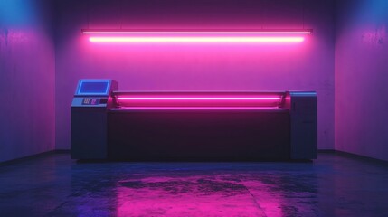 A modern printing machine glowing in the neon light of a room. The scene has a cyberpunk vibe with a unique aesthetic.