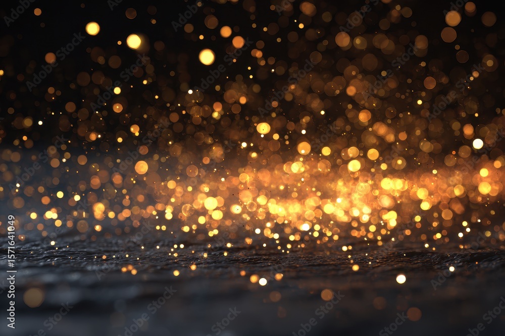 Poster golden light sparkles illuminating a dark background with shimmering particles in a bokeh effect dur