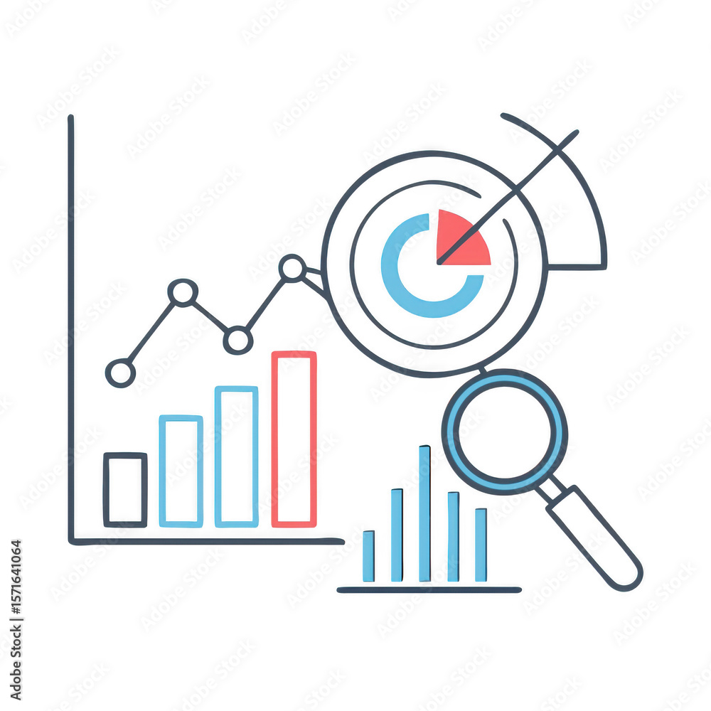 Aufkleber business analytics and data visualization with magnifying glass isolated on transparent background