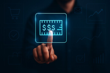 Businessman's Finger Tapping Digital Stock Ticker Interface with Financial Icons and Graphs in Futuristic Neon Blue Virtual Touchscreen