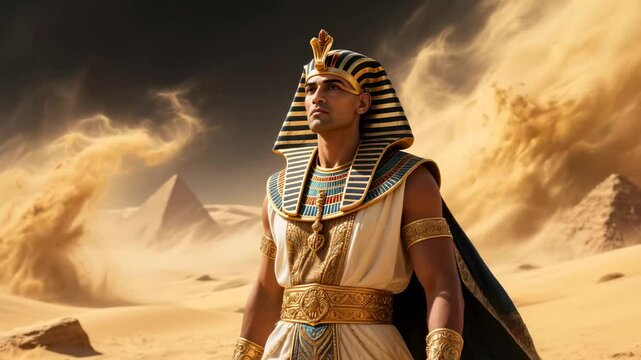 A pharaoh standing in a desert landscape with pyramids in the background, wearing traditional Egyptian attire.