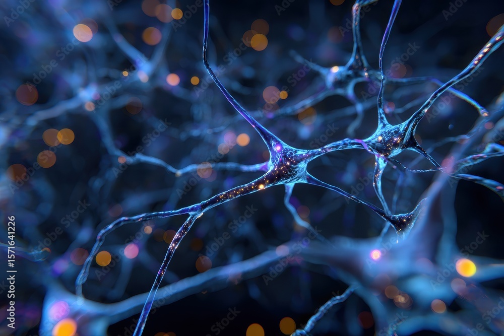 Poster intricate illustration of blue neural networks showcasing connections and synapses in a digital envi