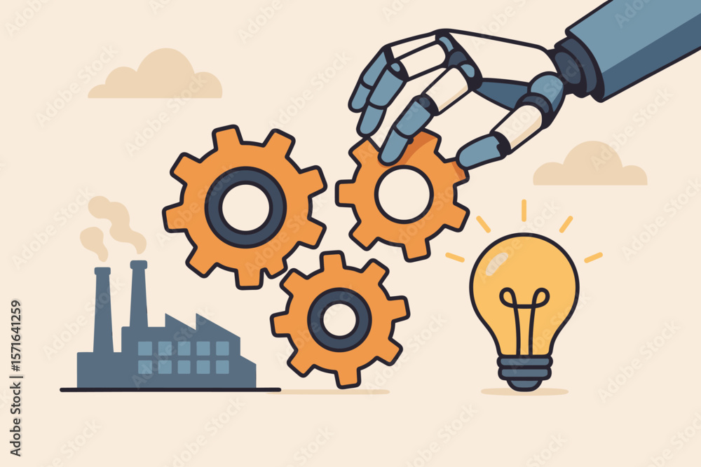 Poster automation technology concept. robotic hand assembles cogwheels for industrial factory production. l