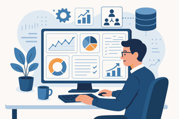 Data analyst at desk working with computer dashboard. Business intelligence and analytics concept. Man monitoring KPI, metrics for corporate strategy report. Data management system.