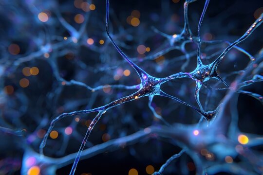 Intricate illustration of blue neural networks showcasing connections and synapses in a digital environment designed to represent complex brain functions