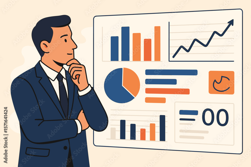Poster businessman analyzing enterprise data on a dashboard. business analytics with charts, metrics and kp