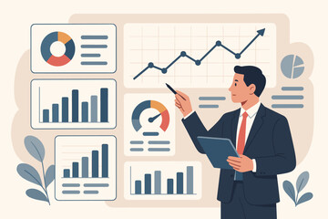 Businessman analyzing business data on dashboard. Enterprise data management, business analytics with charts, metrics, KPIs. Financial report, marketing, growth strategy.