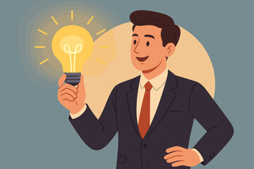 Businessman holding an illuminated lightbulb, representing a great idea, innovation, and inspiration. Concept of smart creativity, problem-solving, business solutions, and motivation.