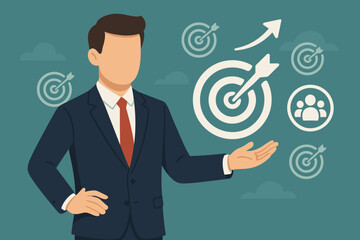 Businessman showing virtual target icons for business objective. Strategic planning for growth and success. Targeting customer group and achieving goals concept. Flat vector.