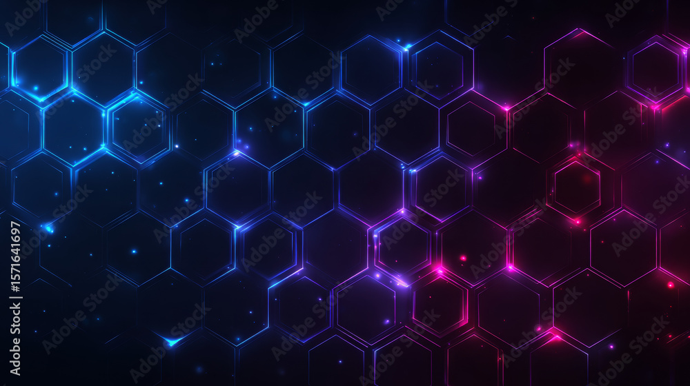 Poster dark hexagon abstract technology background with blue and pink colored bright flashes under hexagon.