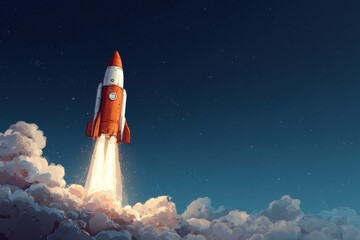Naklejka premium Rocket launches into the sky from a cloud-filled atmosphere, creating a stunning spectacle of light and motion against a starry backdrop at dusk