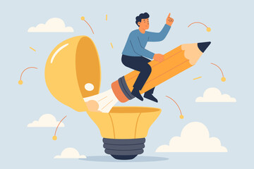 Boost creative thinking. Man riding pencil rocket launches from an open lightbulb. Concept for new ideas, imagination, invention, inspiration, education, genius and writing.