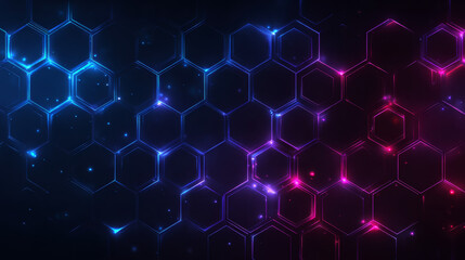 Dark hexagon abstract technology background with blue and pink colored bright flashes under hexagon. Hexagonal gaming vector abstract tech background.